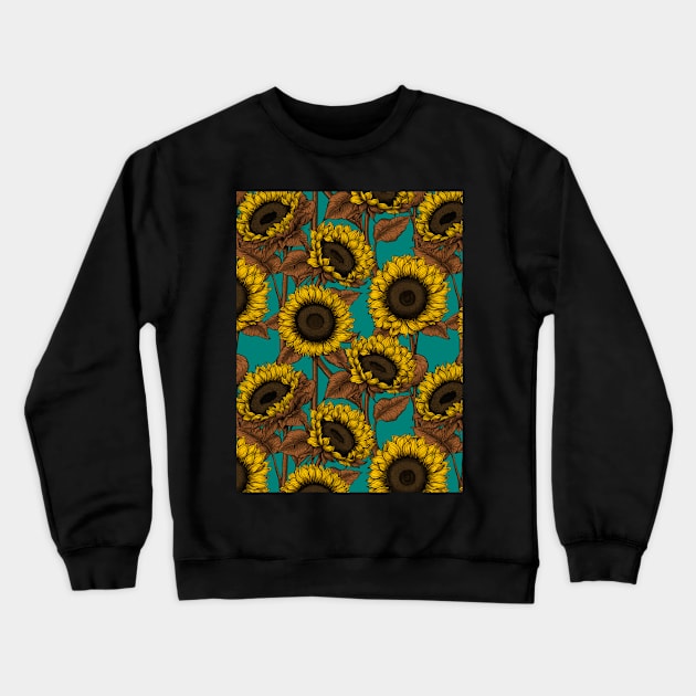 Sunflowers on turquoise Crewneck Sweatshirt by katerinamk